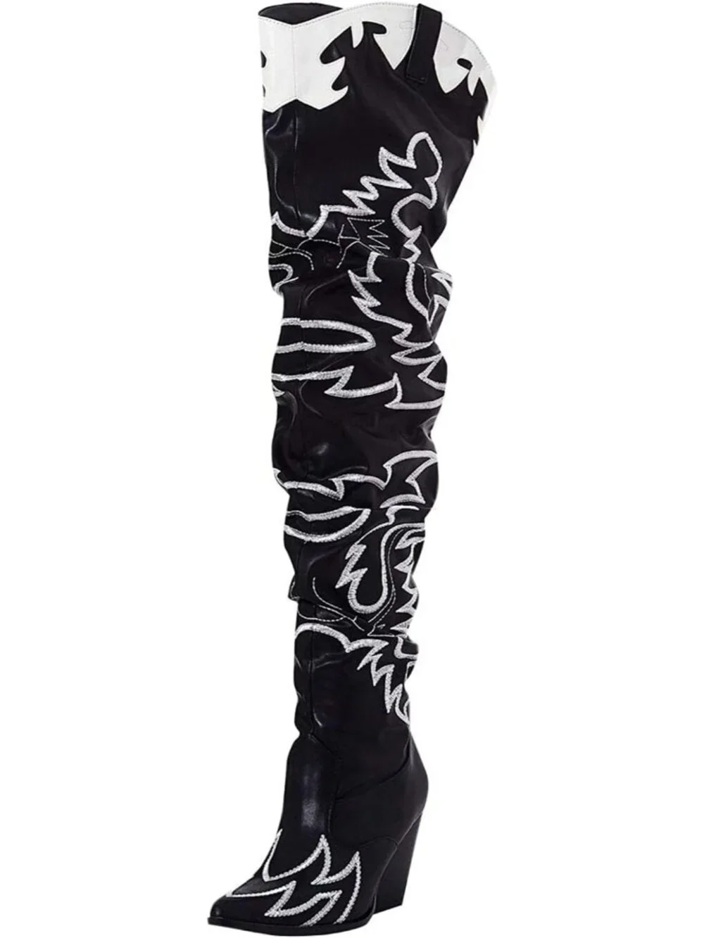 Women's Black White Western Chunky Heel High Slip Resistant Block Heels Boots - Picture 1 of 6
